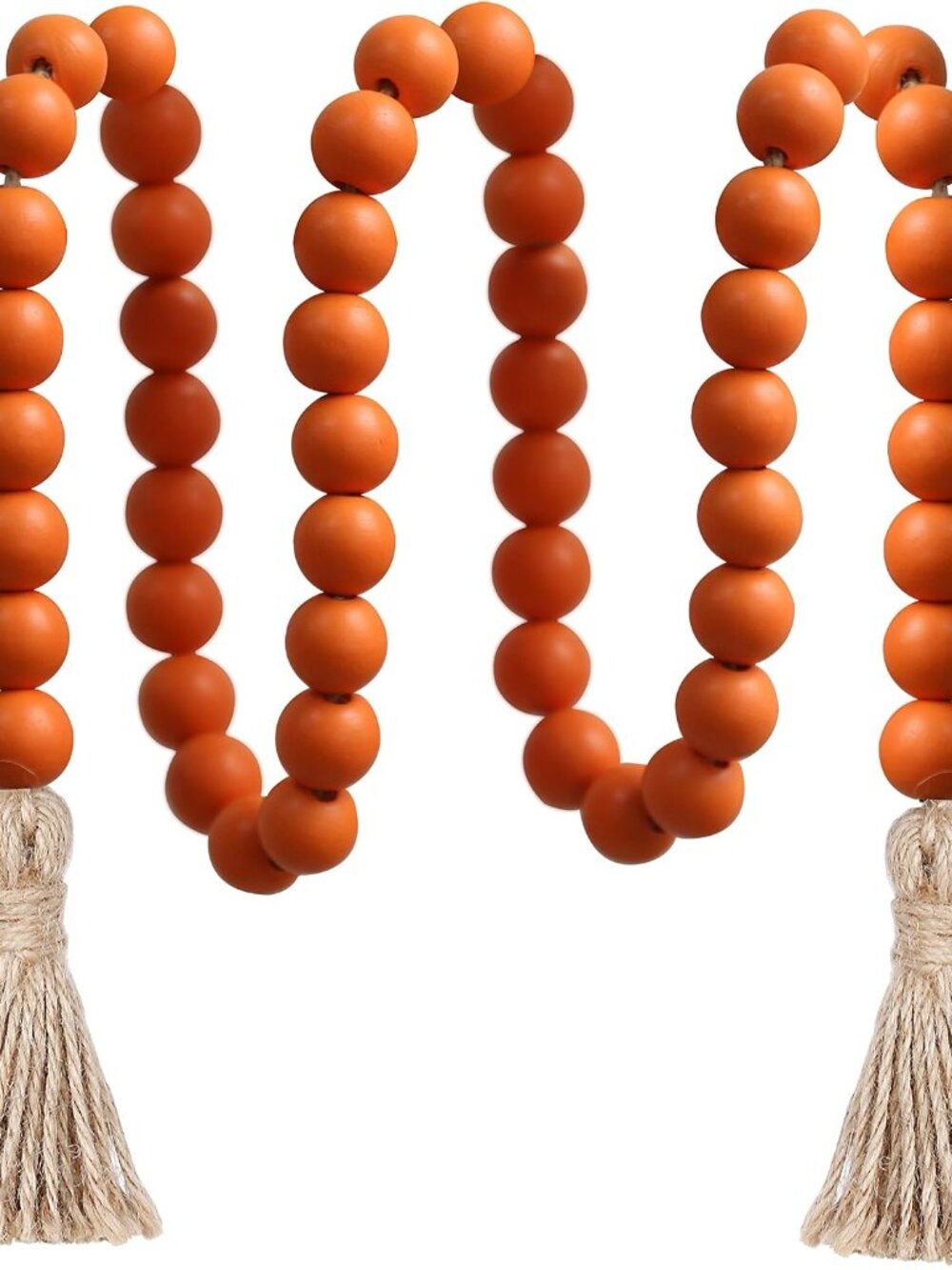 39in Wood Bead Garland, Farmhouse Beads with Tassels, Orange